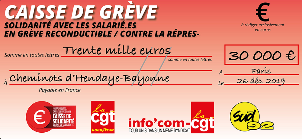 Chèque du versement à SNCF HENDAYE BAYONNE