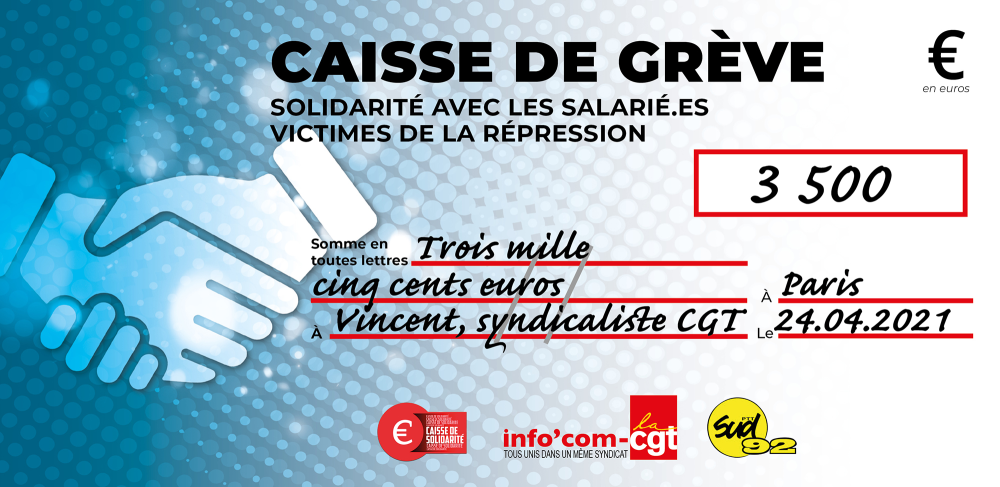 Chèque du versement à DOSSIER INDIVIDUEL RÉPRESSION SYNDICALISTE CGT LA POSTE YVELINE (78)