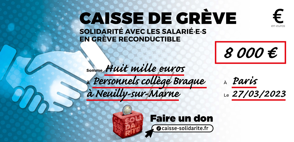 Chèque du versement à COLLÈGE BRAQUE • NEUILLY-SUR-MARNE (93)