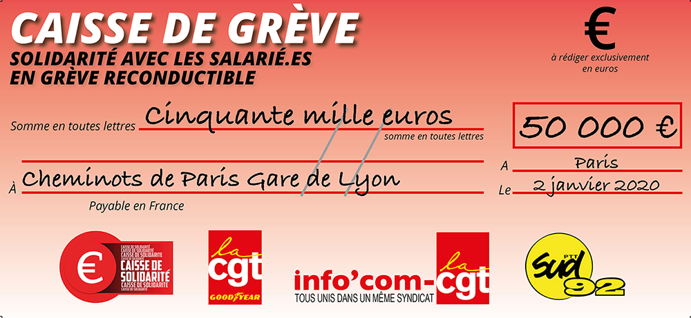 Chèque du versement à SNCF PARIS SUD EST (GARE DE LYON)
