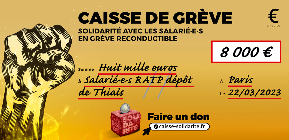 Chèque du versement à RATP • DÉPÔT DE THIAIS (94)