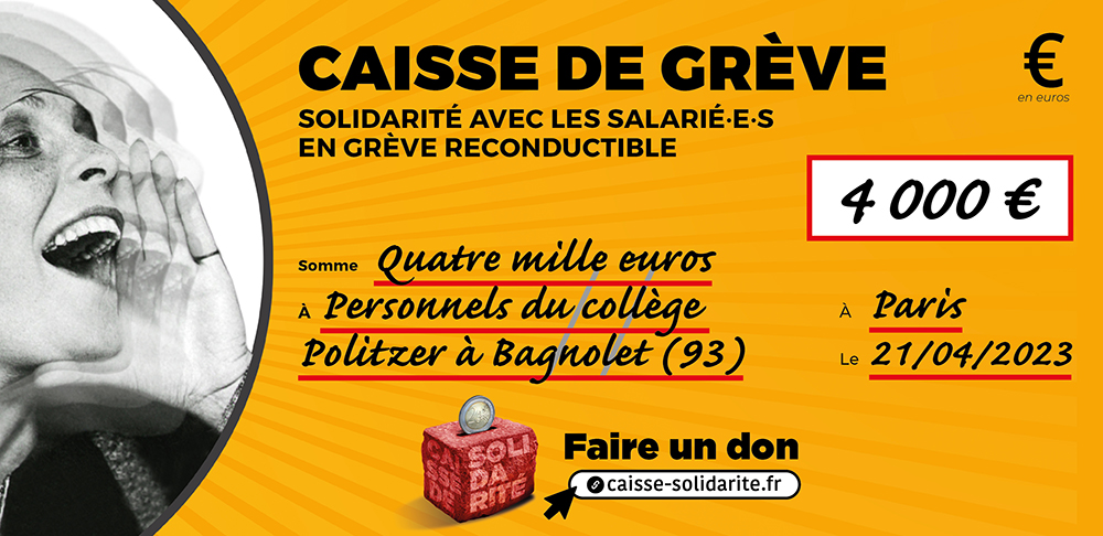Chèque du versement à COLLÈGE POLITZER • BAGNOLET (93)
