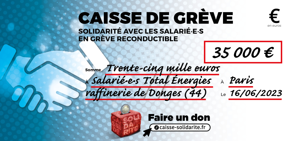 Chèque du versement à TOTAL ÉNERGIES • PLATEFORME DONGES (44)