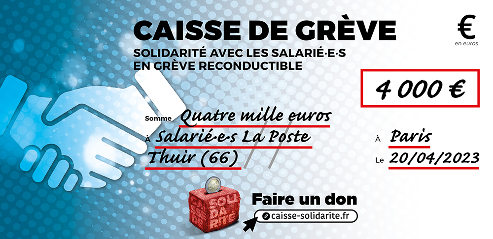 Chèque du versement à LA POSTE • THUIR (66)