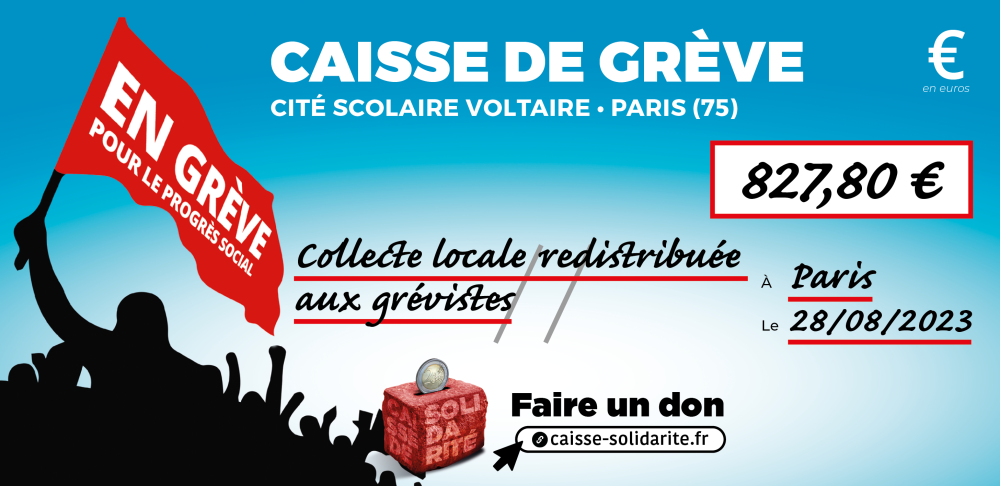 Chèque du versement à CITÉ SCOLAIRE VOLTAIRE • PARIS (75)