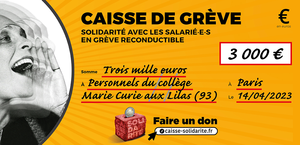 Chèque du versement à COLLÈGE MARIE CURIE • LILAS (93)