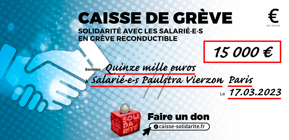 Chèque du versement à PAULSTRA • VIERZON (18)