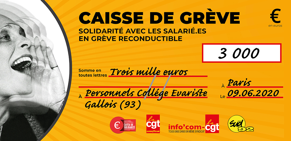 Chèque du versement à COLLÈGE EVARISTE GALLOIS (93, EPINAY)