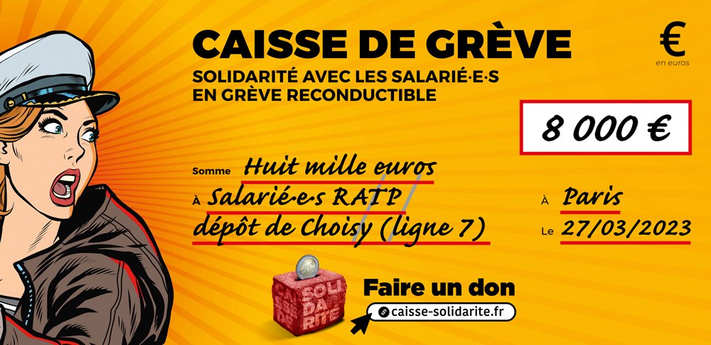 Chèque du versement à RATP LIGNE 7 • DÉPÔT DE CHOISY (94)