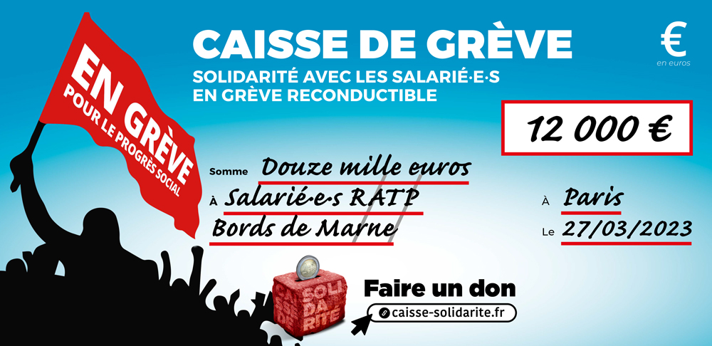 Chèque du versement à RATP • DÉPÔT BORDS DE MARNE (94)