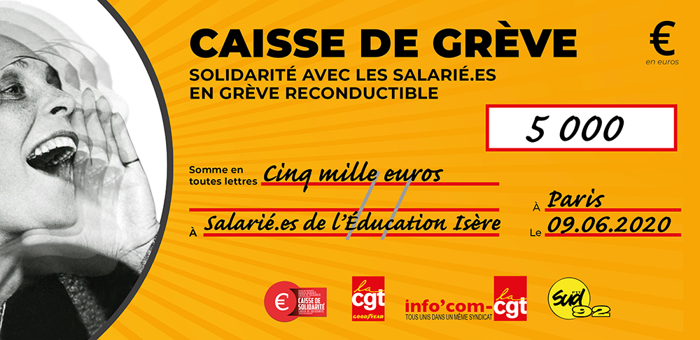 Chèque du versement à COMITÉ DE DÉFENSE EDUCATION (GRENOBLE, 38)